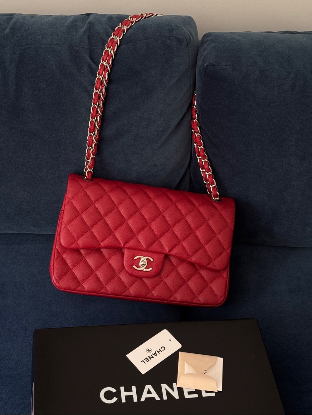 Rare 11C CHANEL RED CAVIAR
CLASSIC JUMBO DOUBLE FLAP
BAG Silver Hardware